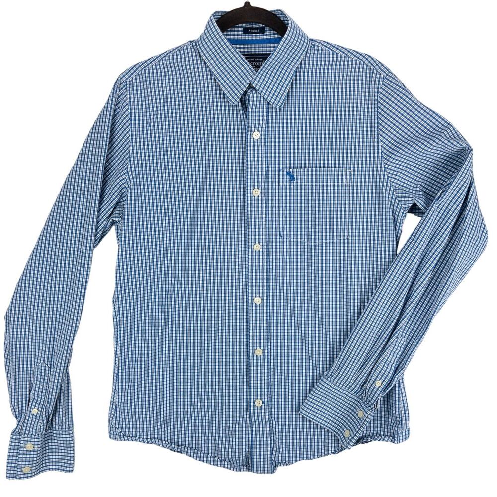 Abercrombie & Fitch Men’s L Muscle Fit Blue Woven Button Down Shirt Micro Check